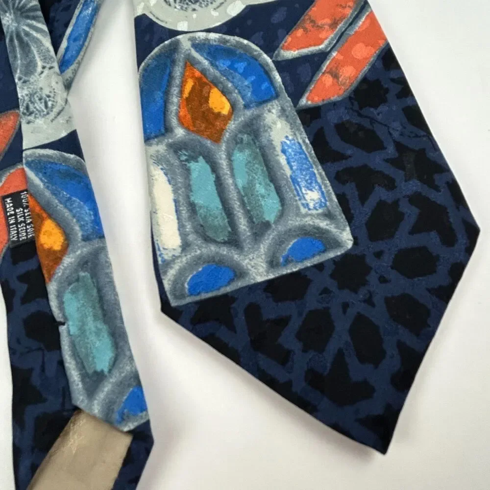 Hubert Milano Italy Blue Orange Graphic Silk Neck Tie